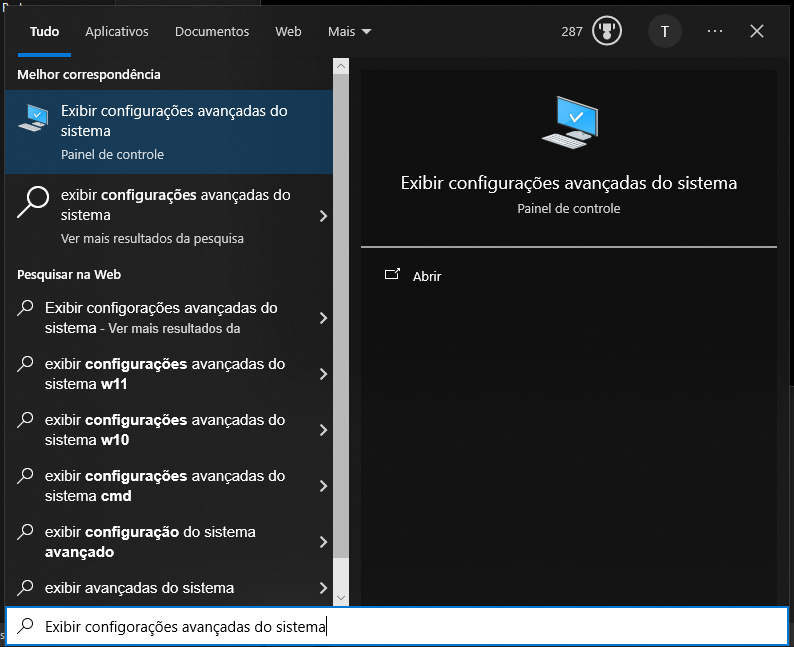 Pesquisa do Windows mostrando Exibir configurações avançadas do sistema