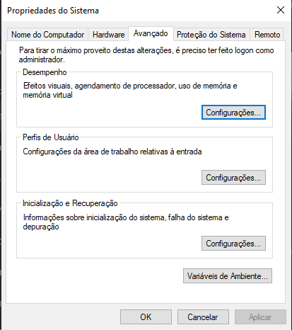 Janela Propriedades do Sistema na aba Avançado com botão Configurações em Desempenho