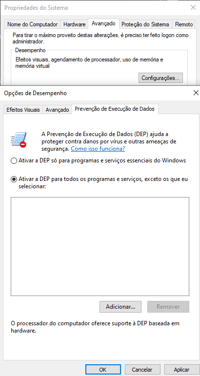 Aba Prevenção de Execução de Dados sem programas adicionados