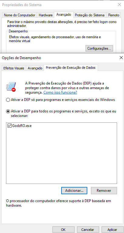 Aba Prevenção de Execução de Dados com GodzRO.exe adicionado à lista